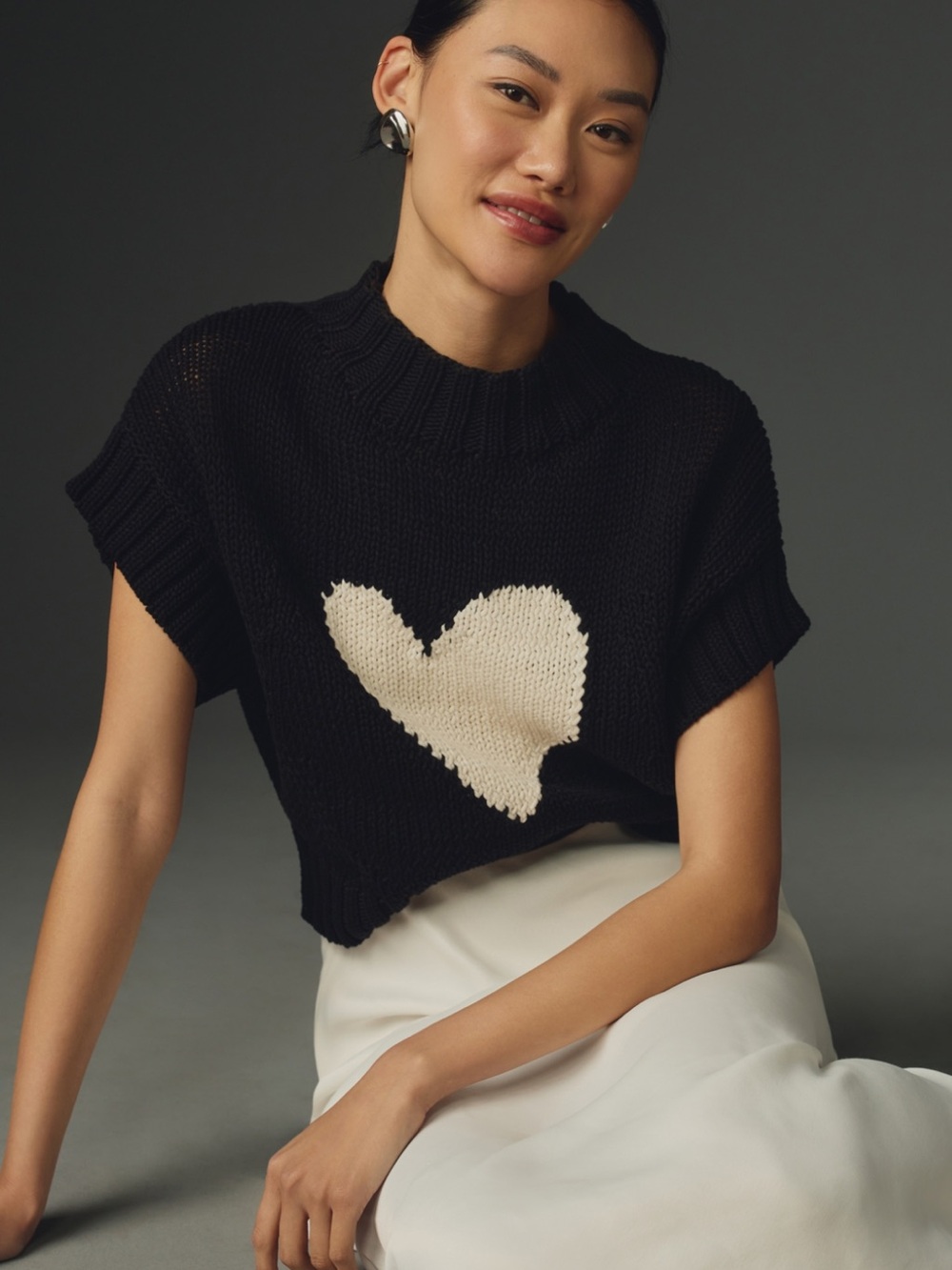 Maeve Black Knit Short Sleeve Sweater with White Heart